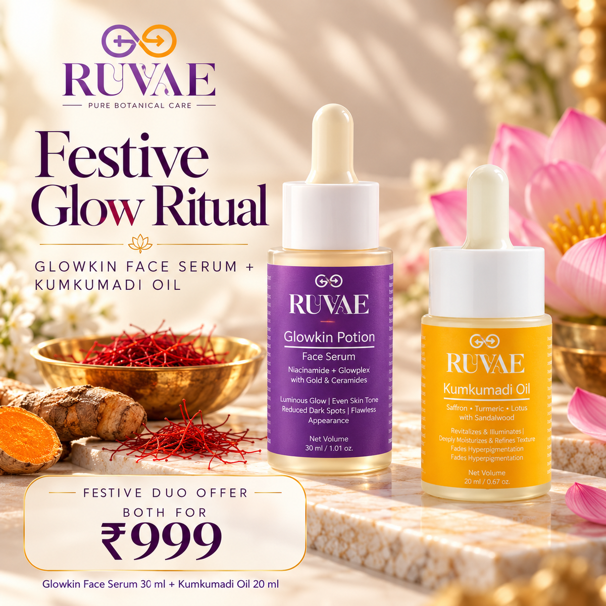 RUVAE Festive Glow Duo - Glowkin Face Serum 30 ml + Kumkumadi Oil 20 ml