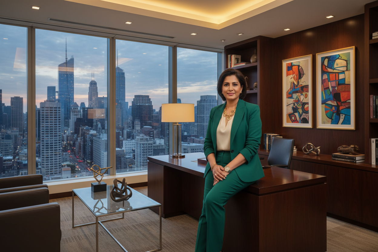 a corporate  indian women CEO sitting on her office desk , luxury background