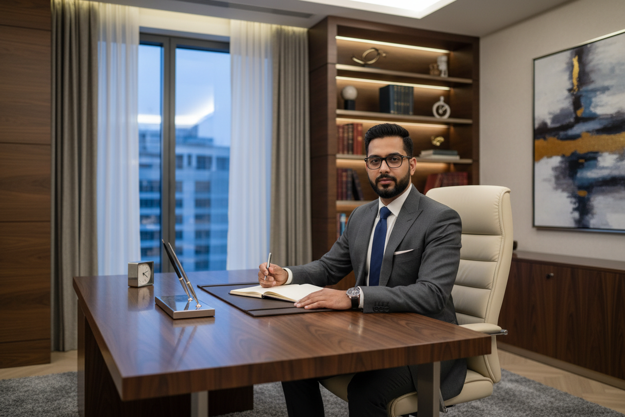 a young indian man with specs and beard posing in his office desk luxury background